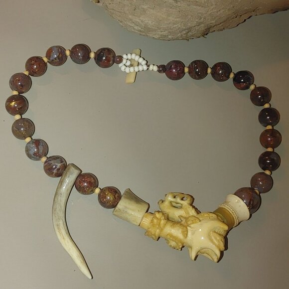 Antique Agate Bead Necklace Carved Antler Pendant Deer Elk Artisan Craft Rustic - Picture 16 of 16